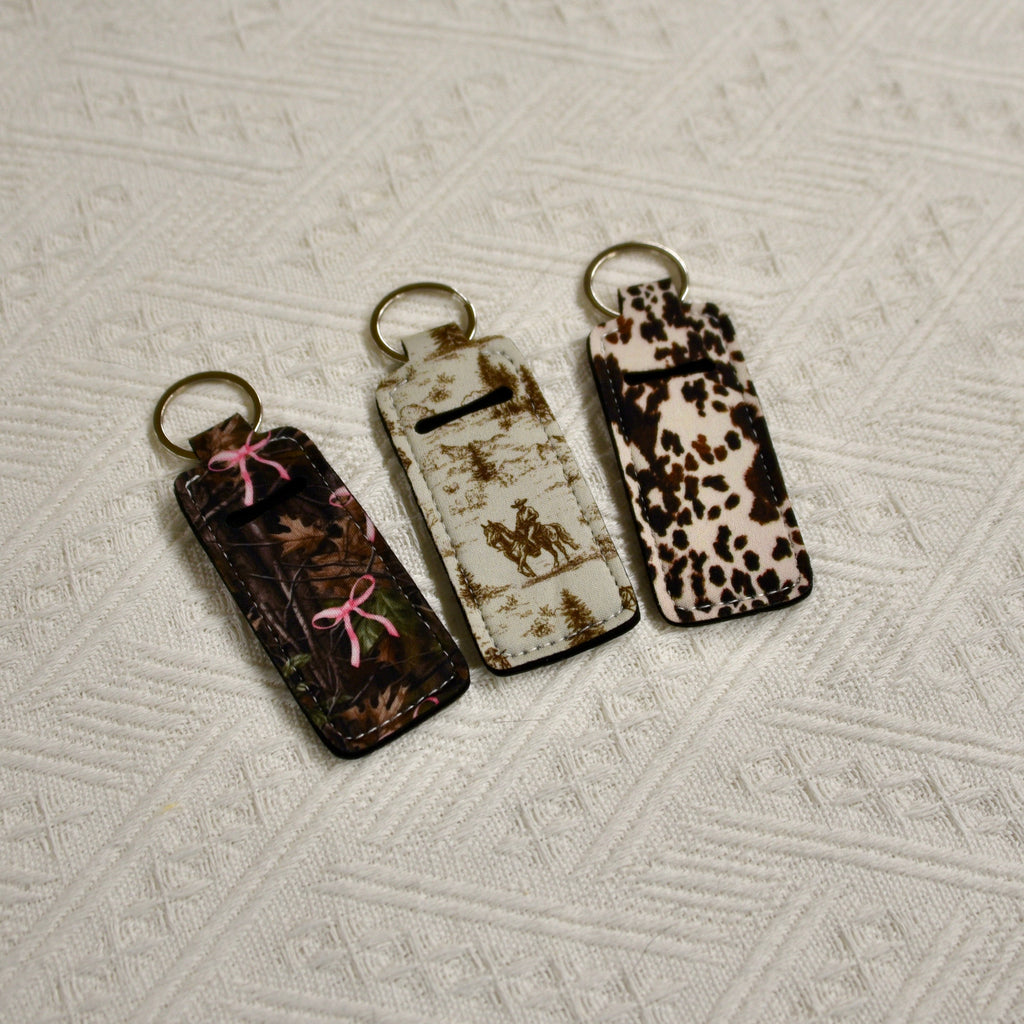 Chapstick Holder Keychain – Cow Print, Camo Pink Bow, Cowboy Toile, Barn Toile, croquette, duck, moon Hats & Accessories