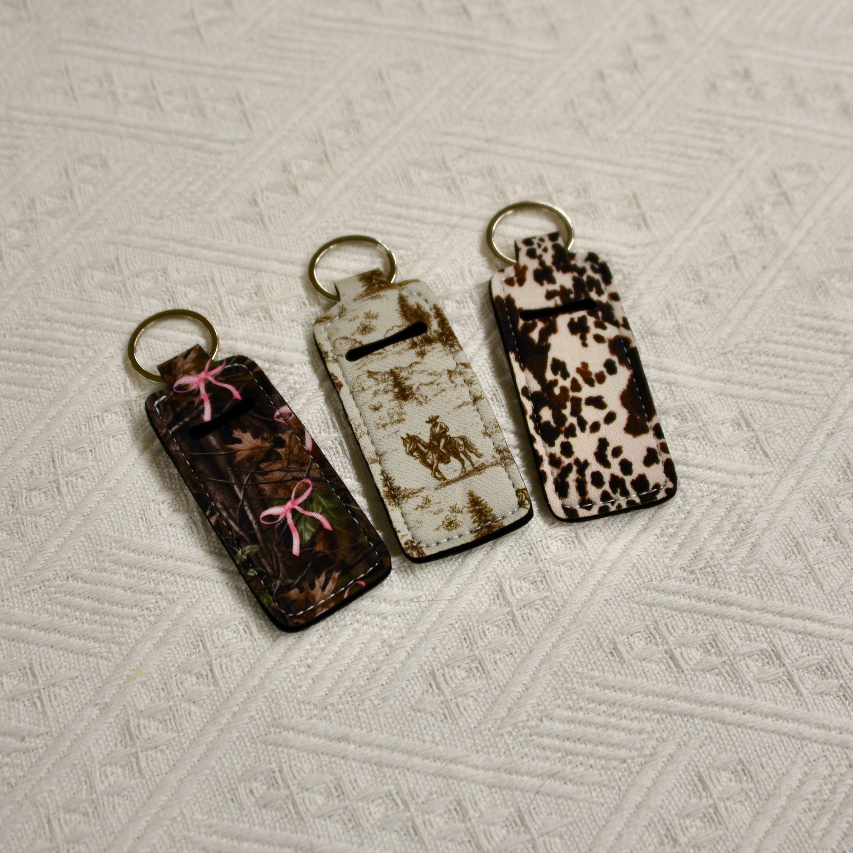 Chapstick Holder Keychain – Cow Print, Camo Pink Bow, Cowboy Toile, Barn Toile, croquette, duck, moon Hats & Accessories
