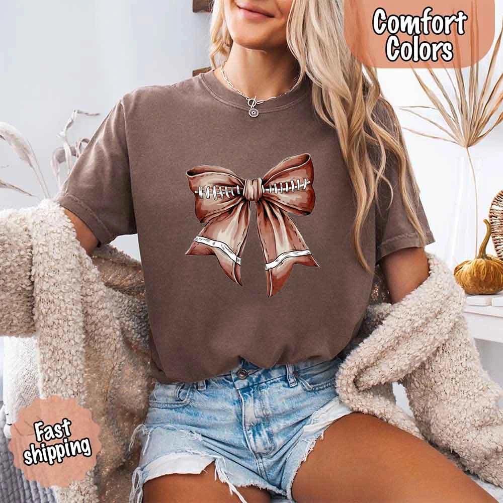 Comfort Colors Vintage Football Bow T-Shirt – Cute Game Day Tee for Women