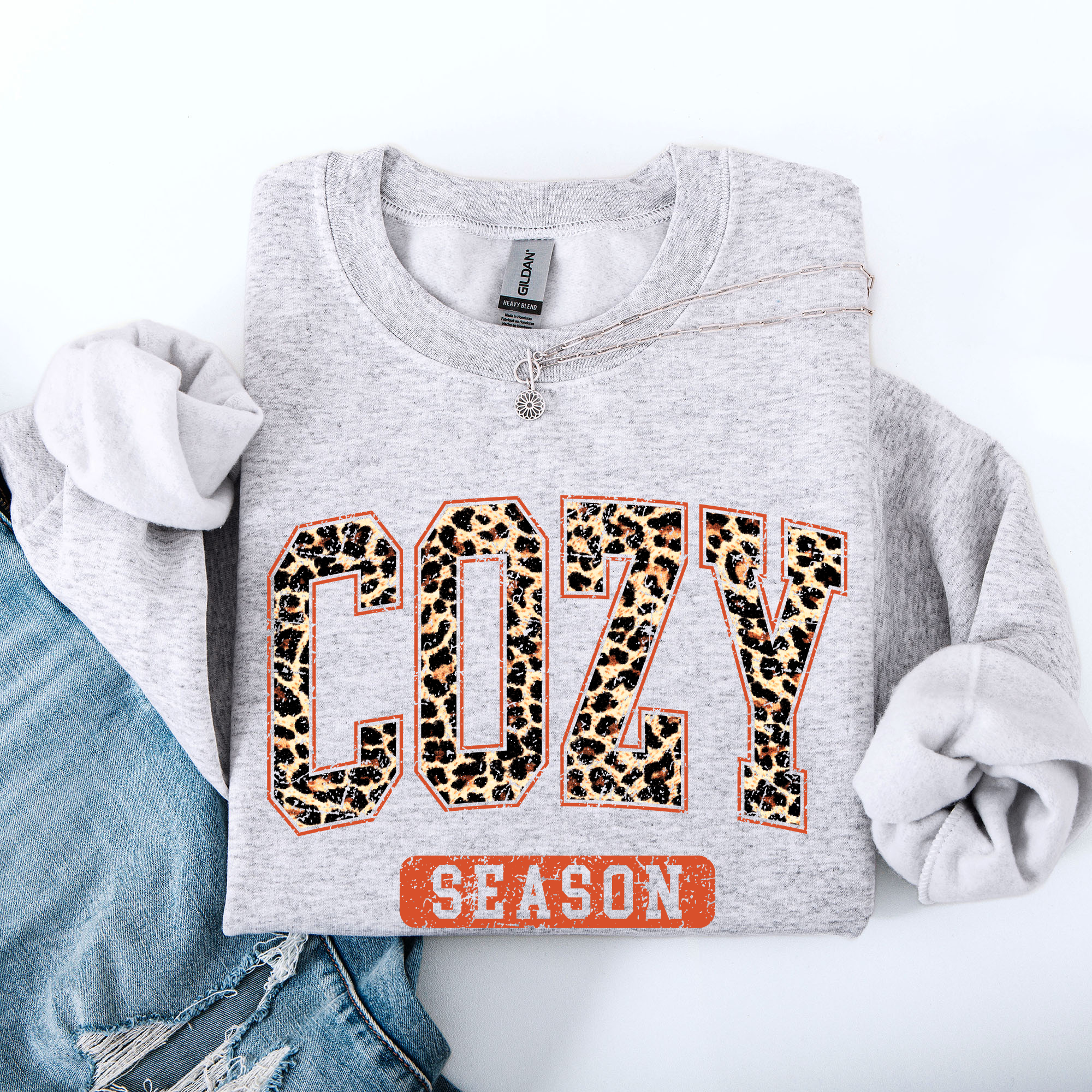 Cozy Season Leopard Print Autumn Florals Sunflowers Pumpkins Halloween Inspired Sweatshirt