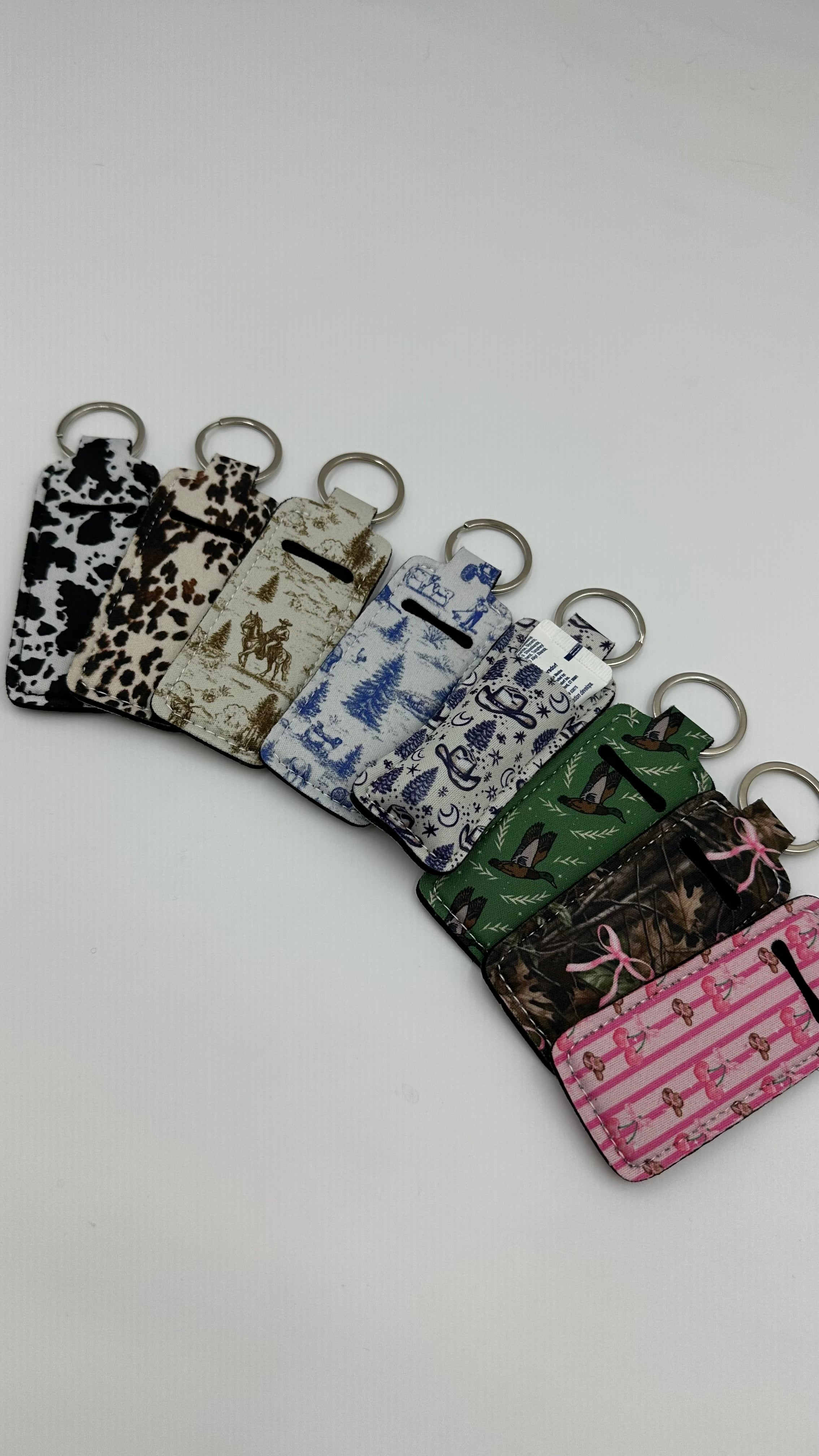 Chapstick Holder Keychain – Cow Print, Camo Pink Bow, Cowboy Toile, Barn Toile, croquette, duck, moon Hats & Accessories