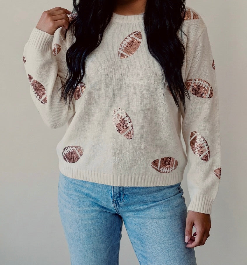 Beige Sequin Football Print Round Neck Long Sleeve Loose Fit Sweater