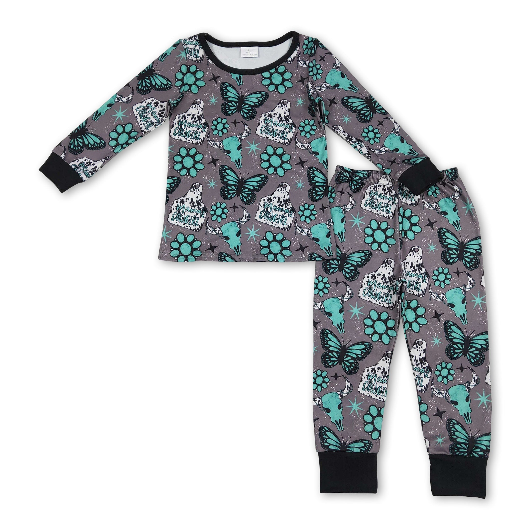 Turquoise Butterfly Western Girls Pajama Set