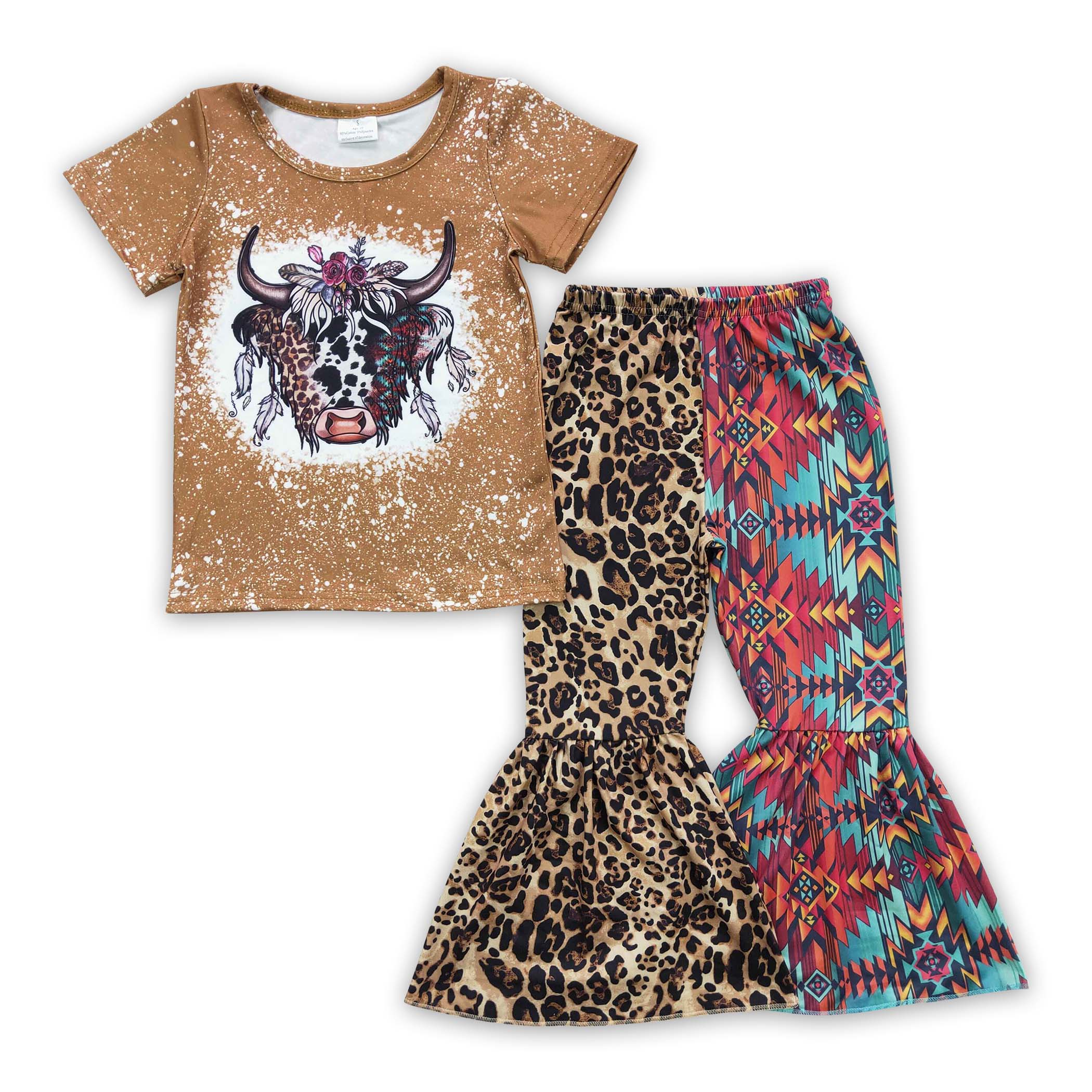 Leopard Aztec Cow Bell Bottom Western Girls Pants