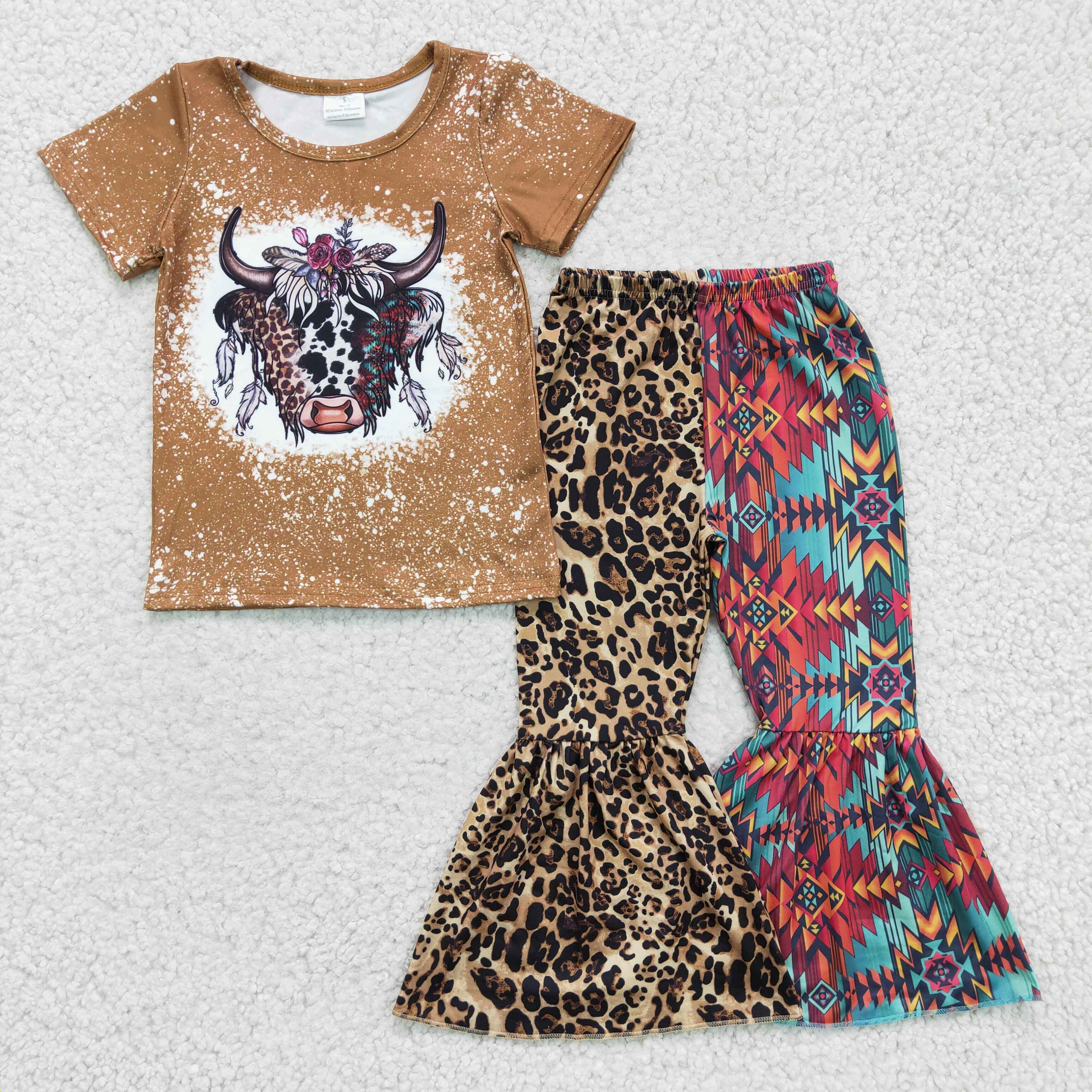 Leopard Aztec Cow Bell Bottom Western Girls Pants