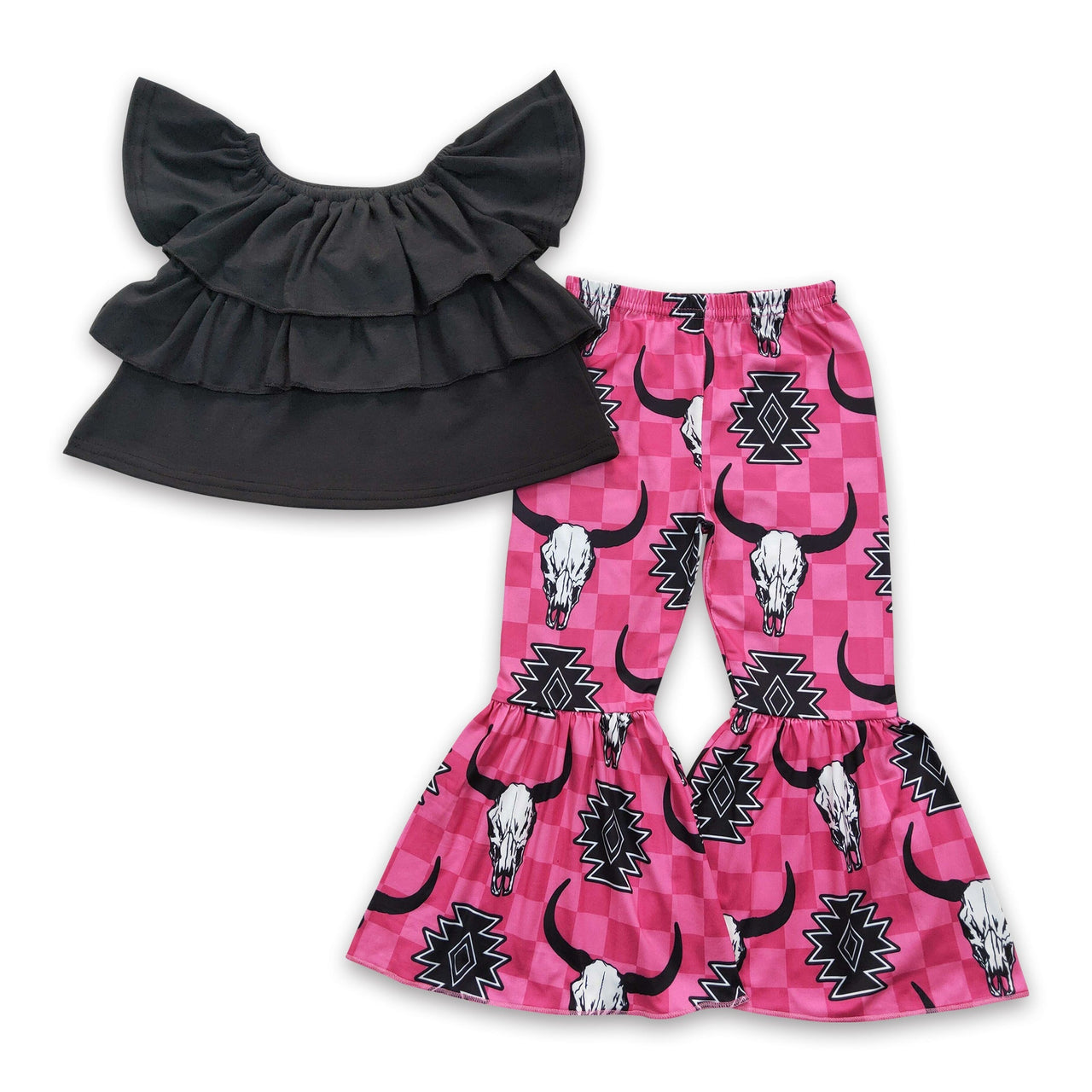 Bull Skull Aztec Western Girls Top & Pants Set