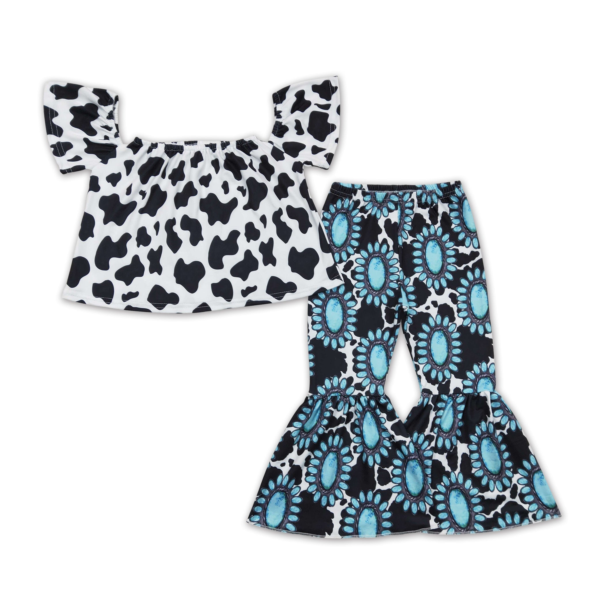 Cow Print & Turquoise Western Girls Bell Bottom Set