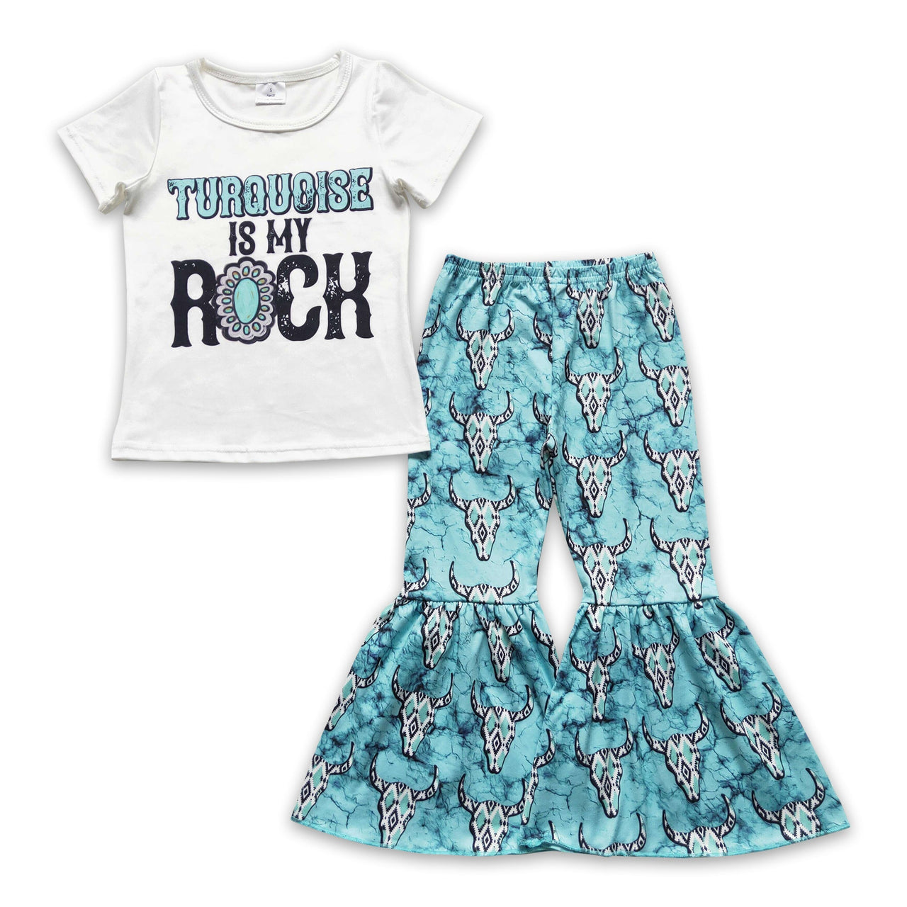 Turquoise Bull Skull Western Girls Shirt & Pants Set