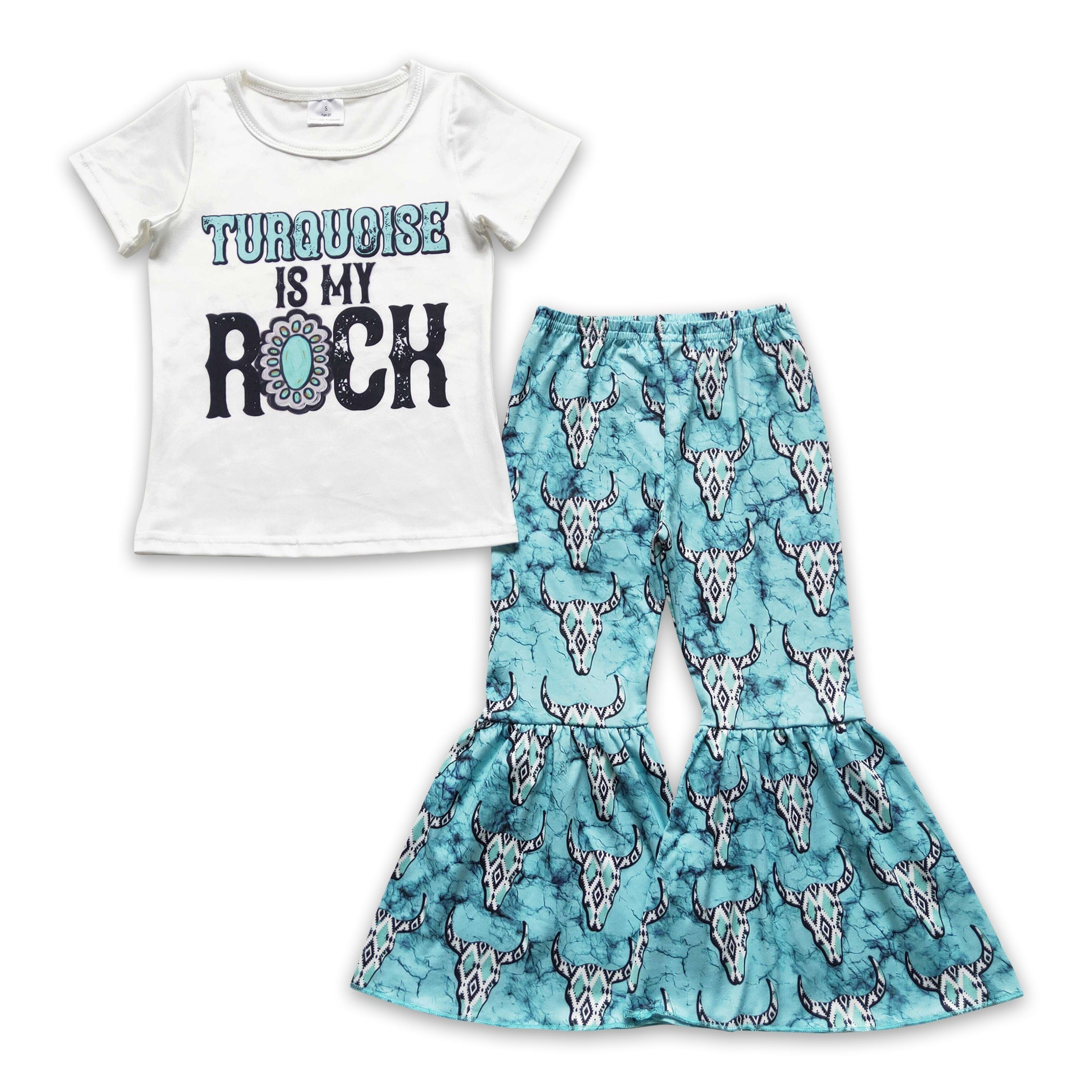 Turquoise Bull Skull Western Girls Shirt & Pants Set