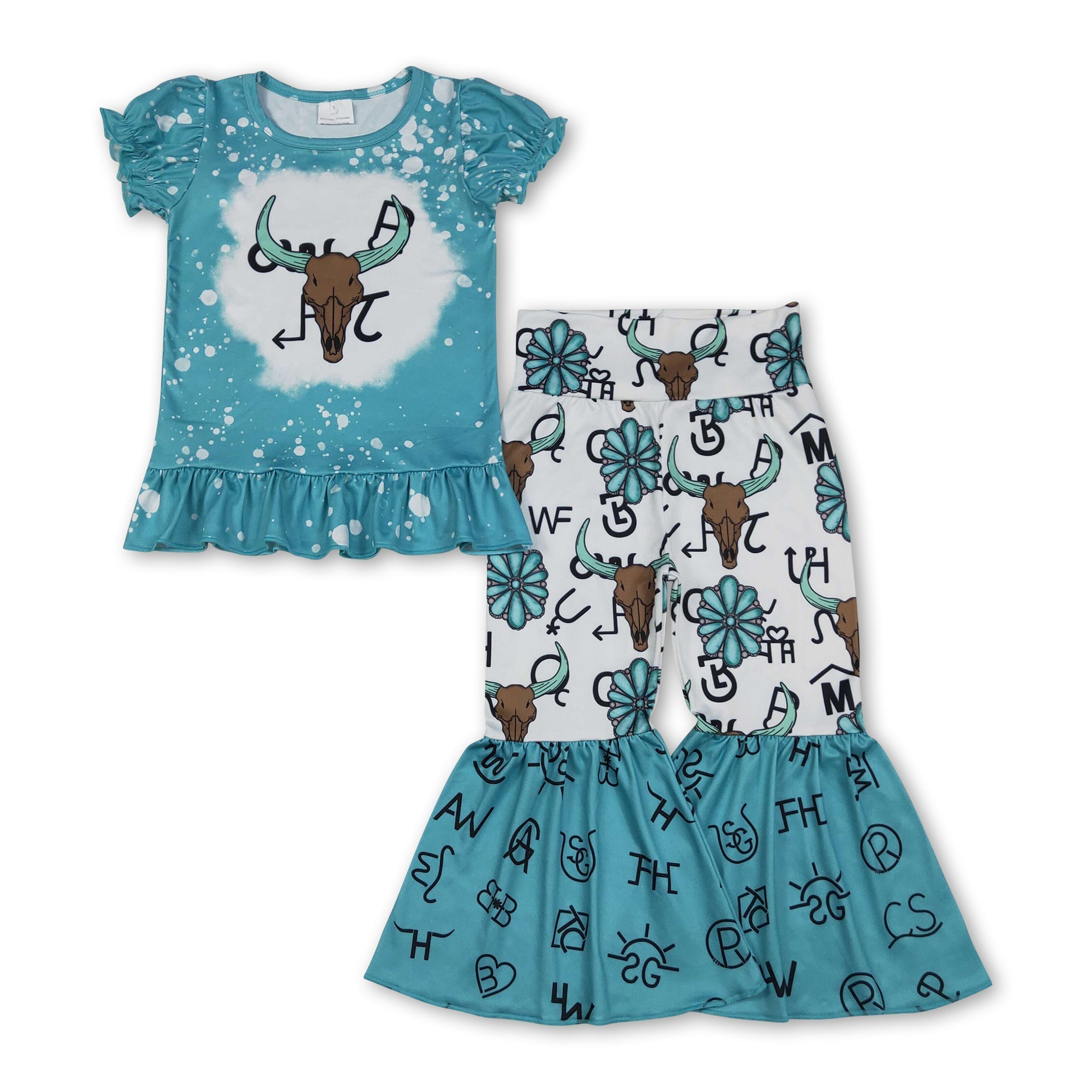 Bleached Bull Skull Western Girls Top & Pants Set
