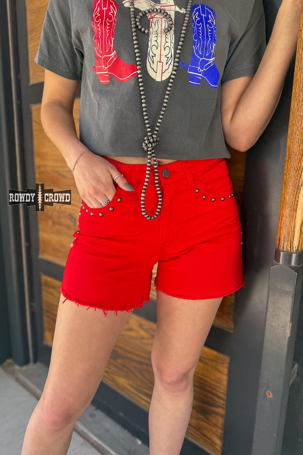 RED- Shenandoah Stud Shorts Rowdy Crowd Clothing