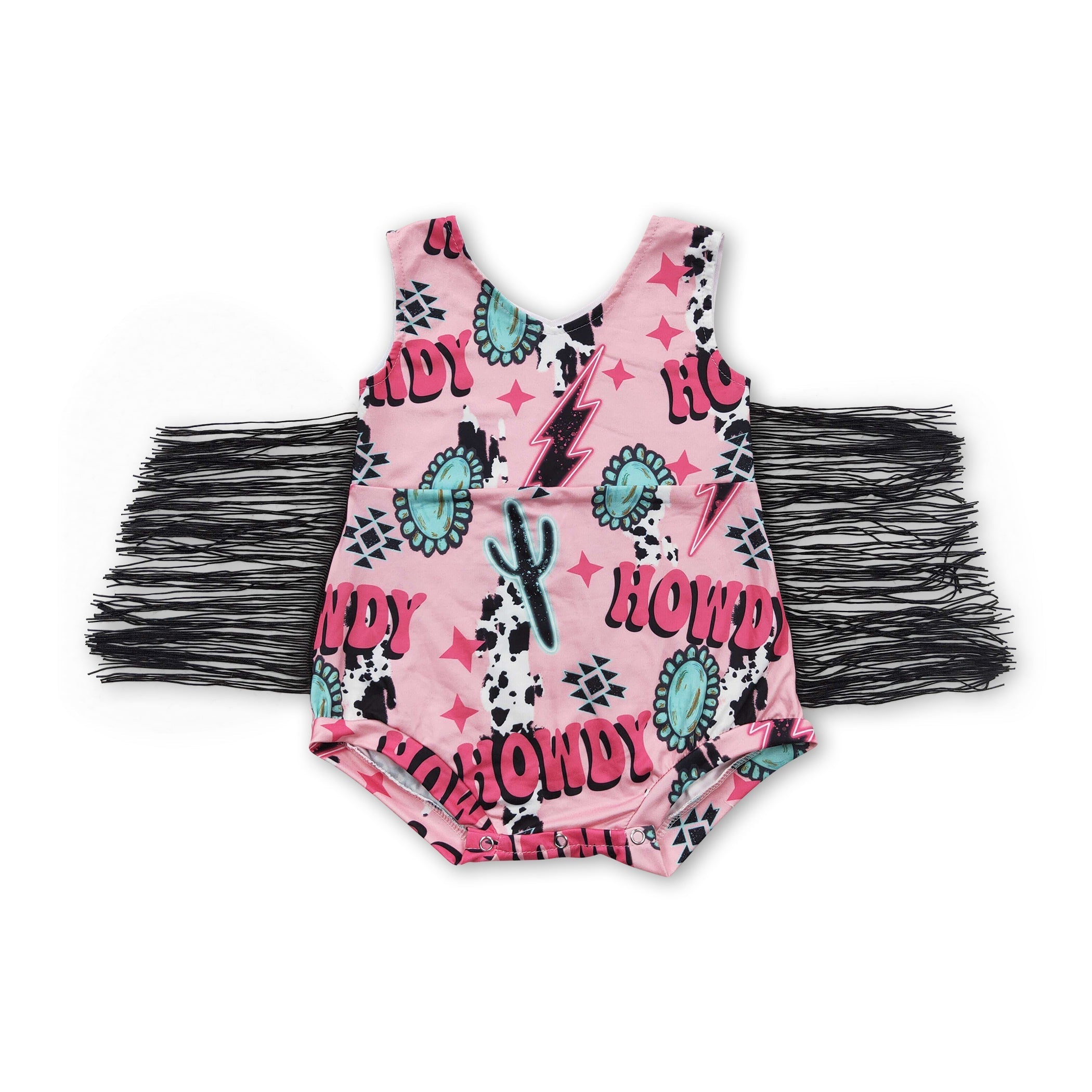 Pink Howdy Cactus Fringe Western Baby Girl Romper