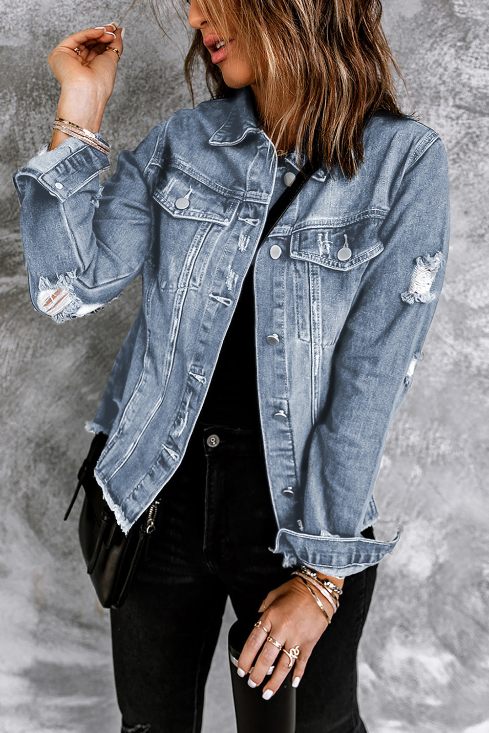 Sky blue distressed denim jacket, view 4