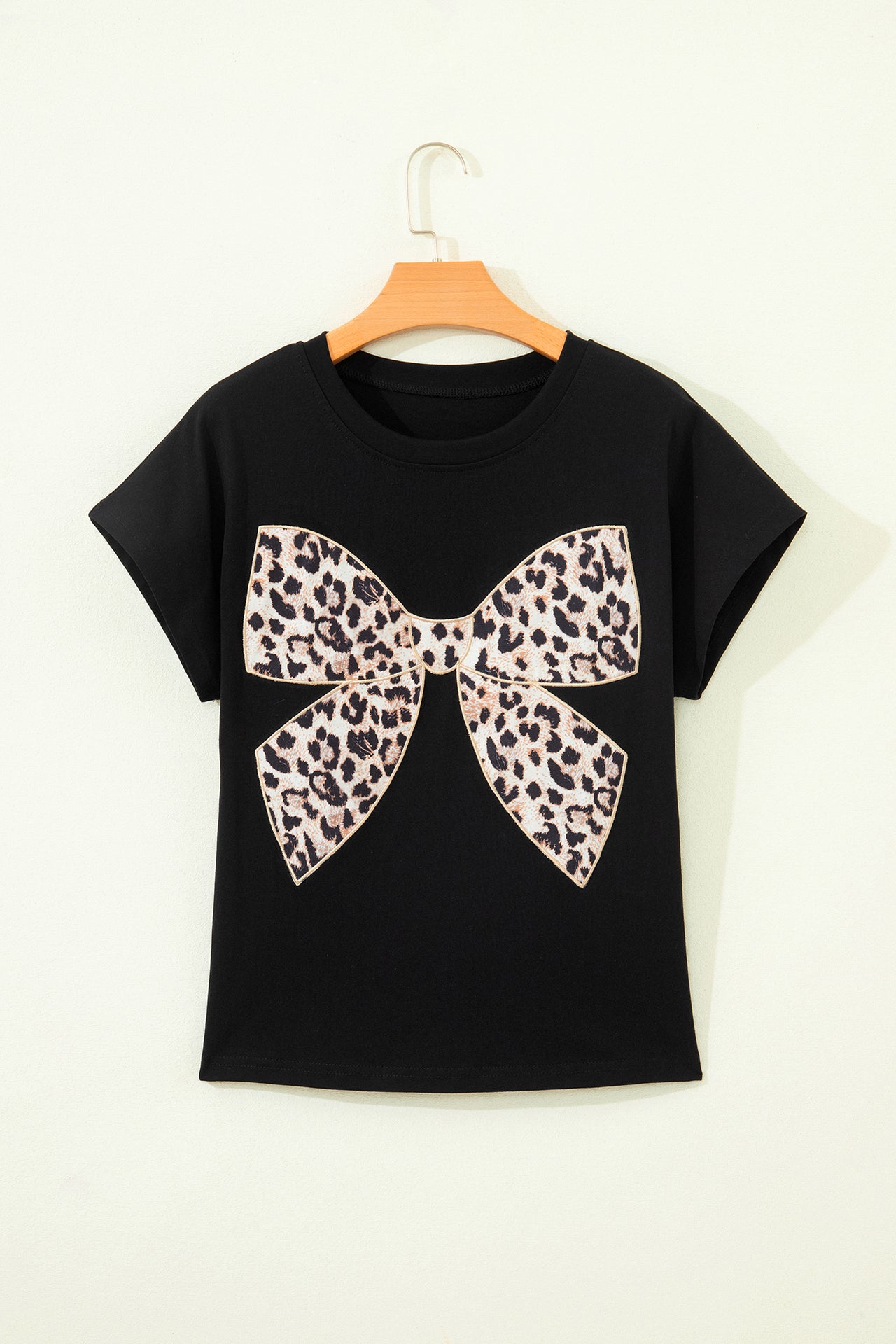 Pink Leopard Bow Embroidered Cotton Round Neck T Shirt