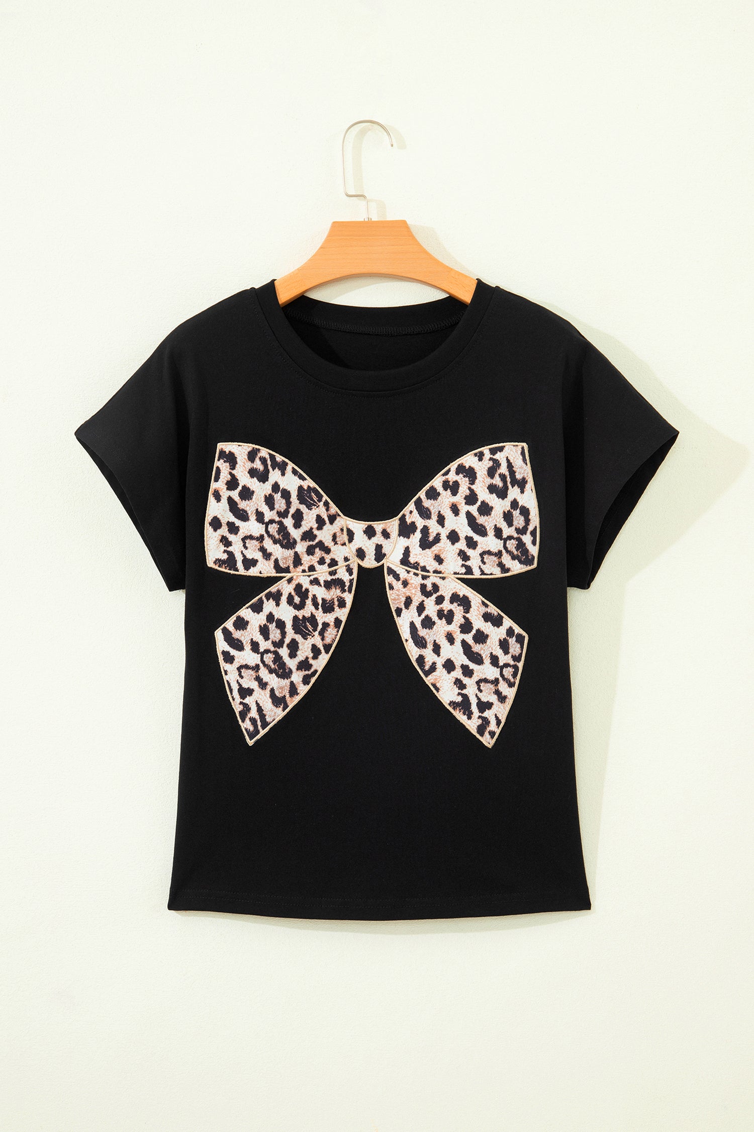 Pink Leopard Bow Embroidered Cotton Round Neck T Shirt