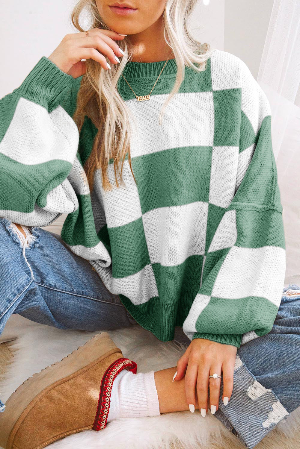 Black checkered bishop sleeve sweater in soft premium fabric