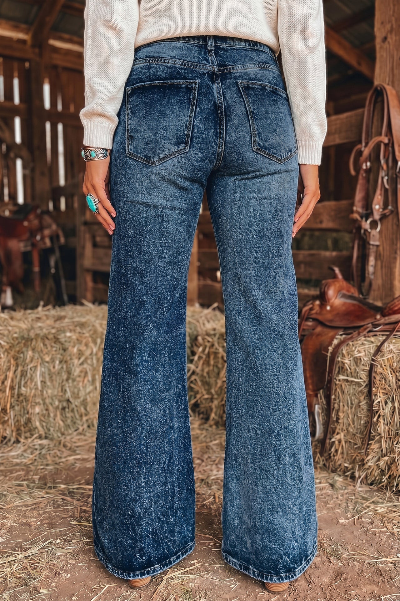 Beau Blue Acid Wash Pocket Detail Flare Jeans