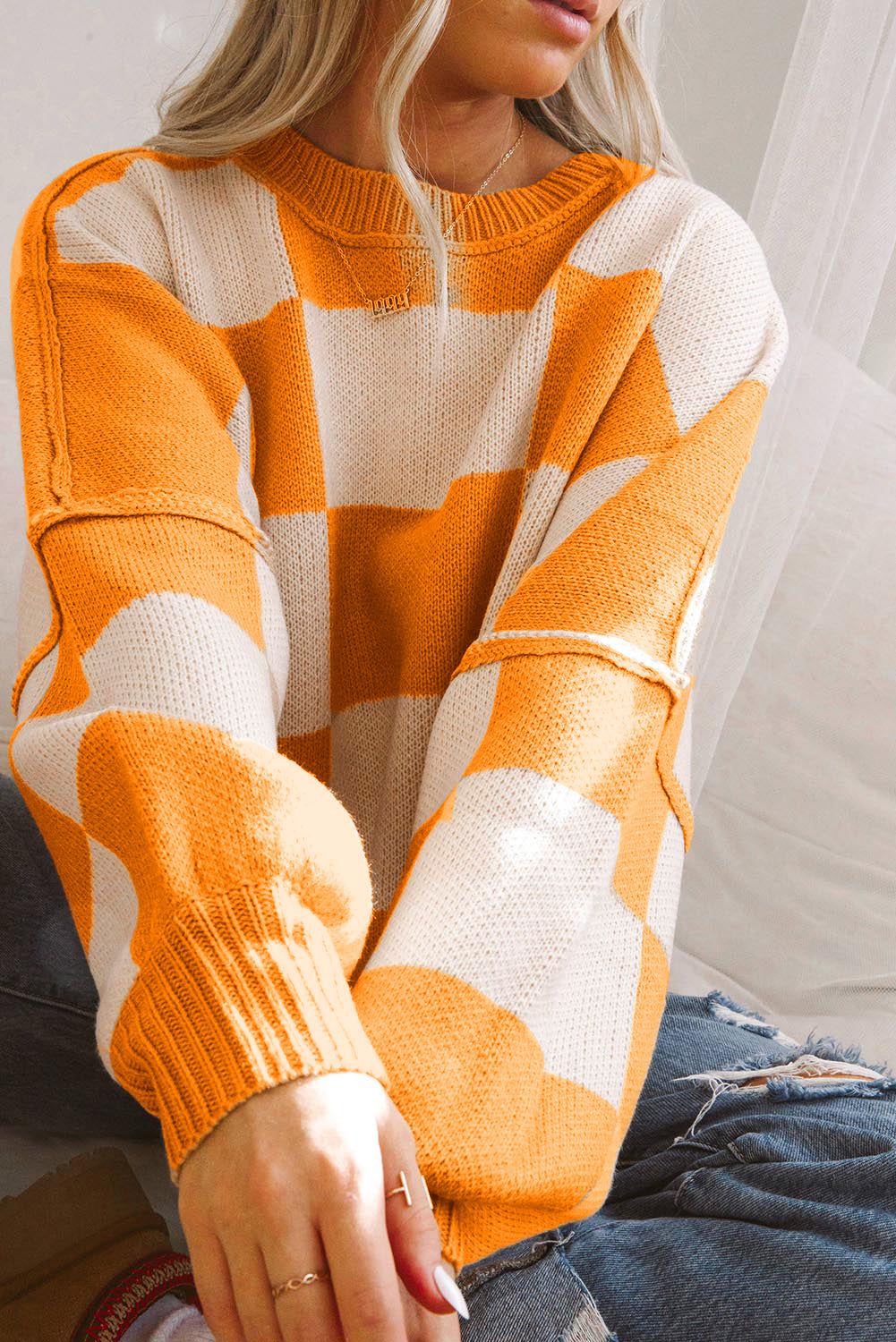 Black checkered bishop sleeve sweater, view 15