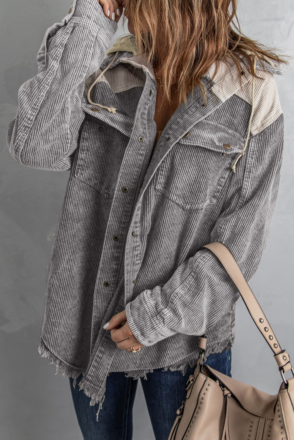 Gray Color Block Button Down Hooded Corduroy Jacket Dear-Lover Dropshipping