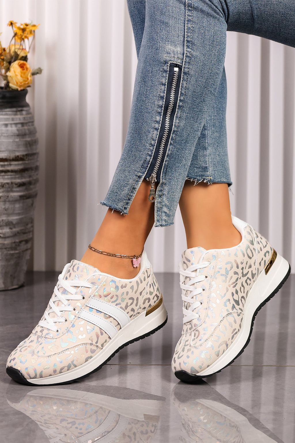 White leopard lace-up sneakers, view 6