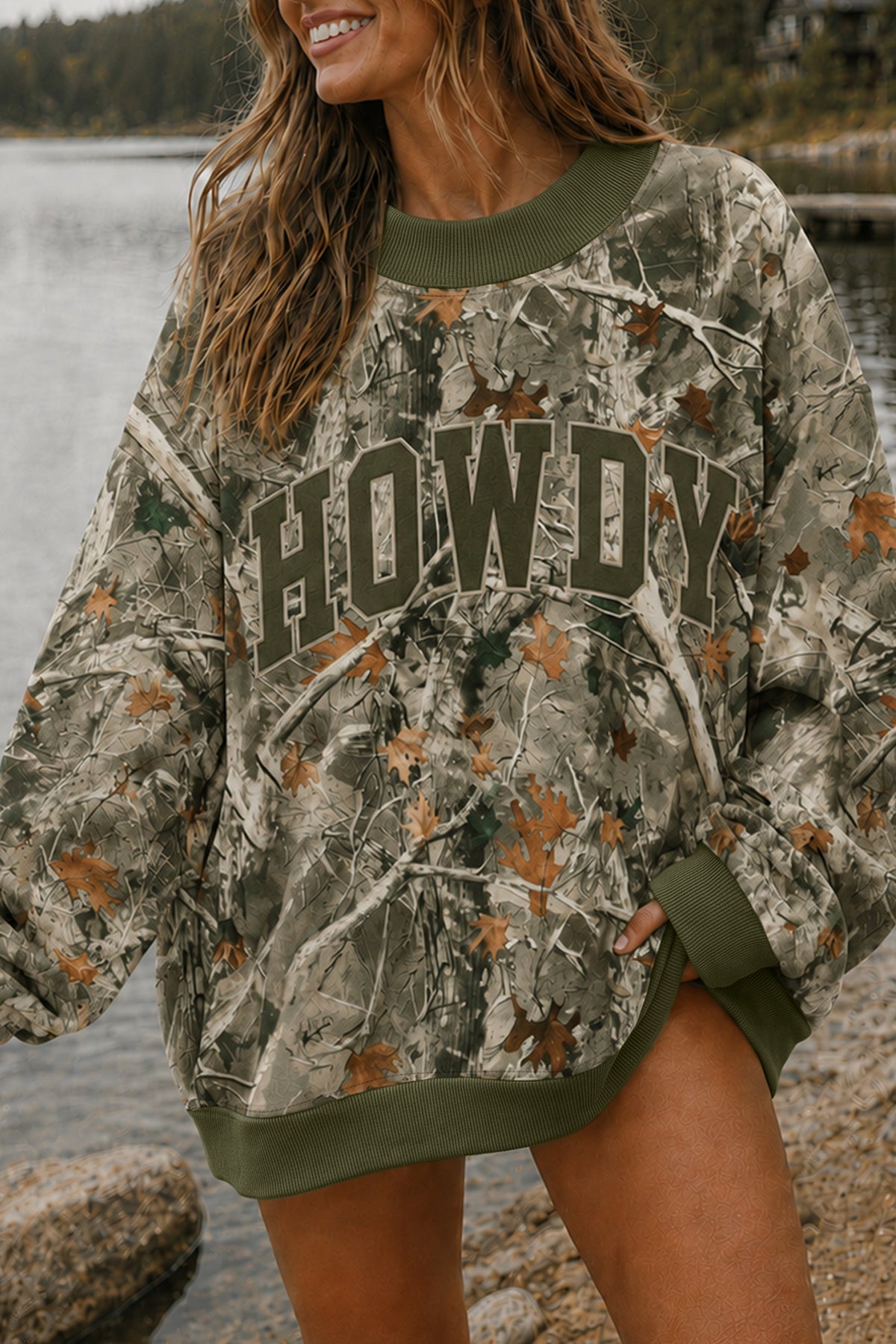 Green Western Camo Print Baggy Pullover Sweatshirt Dear-Lover Dropshipping
