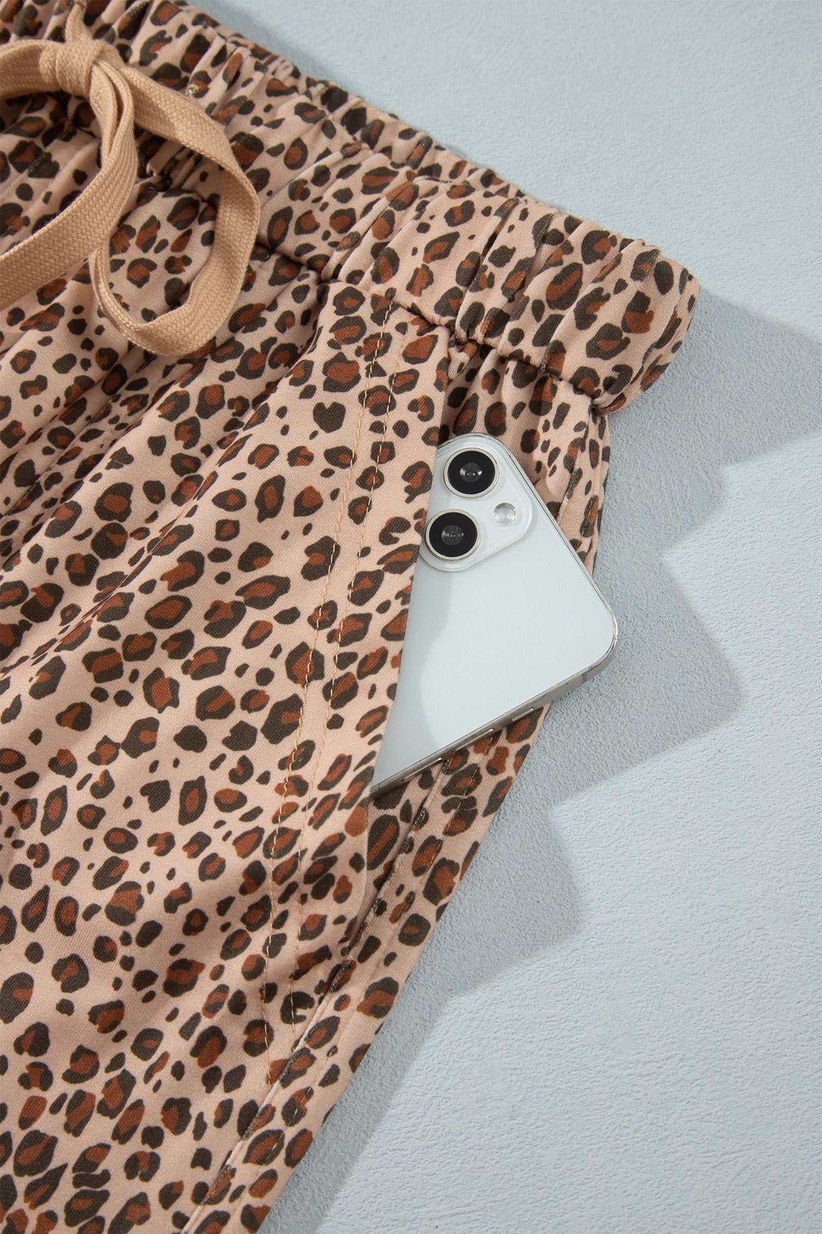 Khaki leopard drawstring pants, view 9