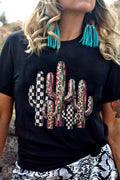 Women's black relaxed tee with mixed pattern cactus graphic