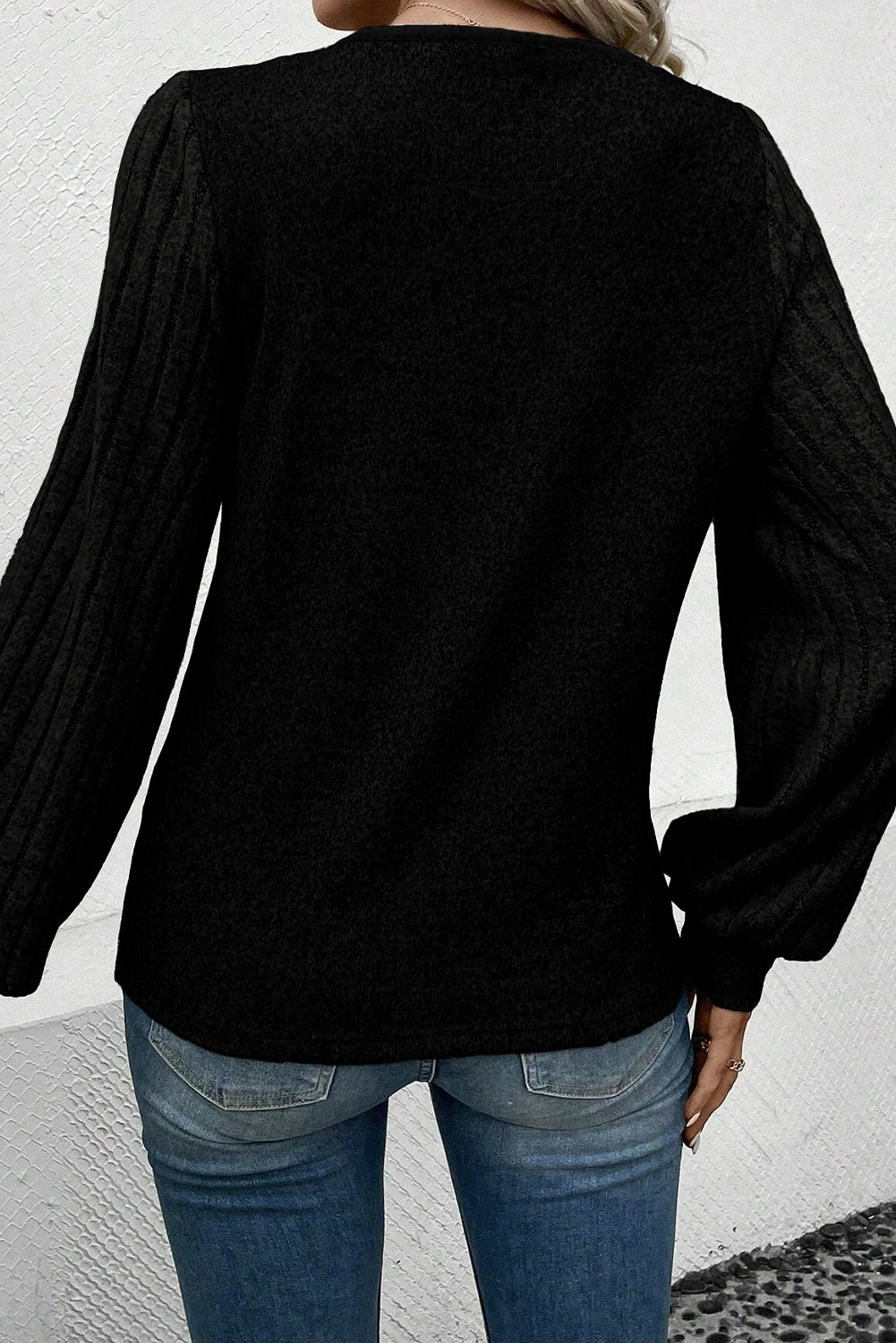 Black puff sleeve V-neck top, alternate view