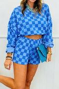 Women's dark blue plaid long sleeve crop top and shorts set