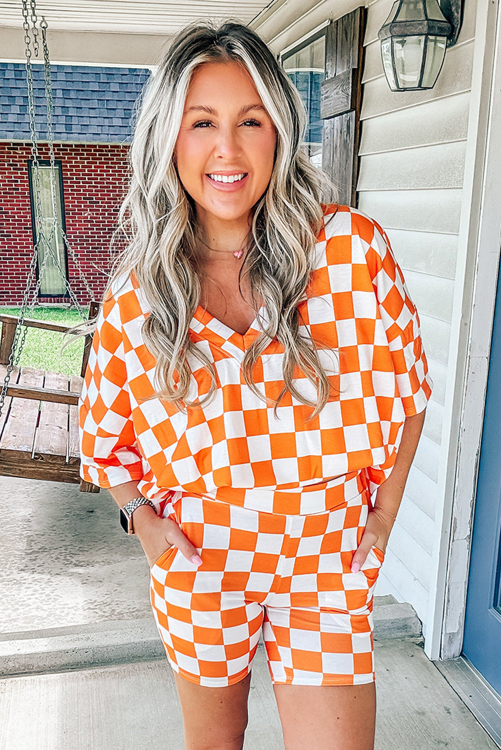 Orange Checkerboard Print Tee & Shorts Set
