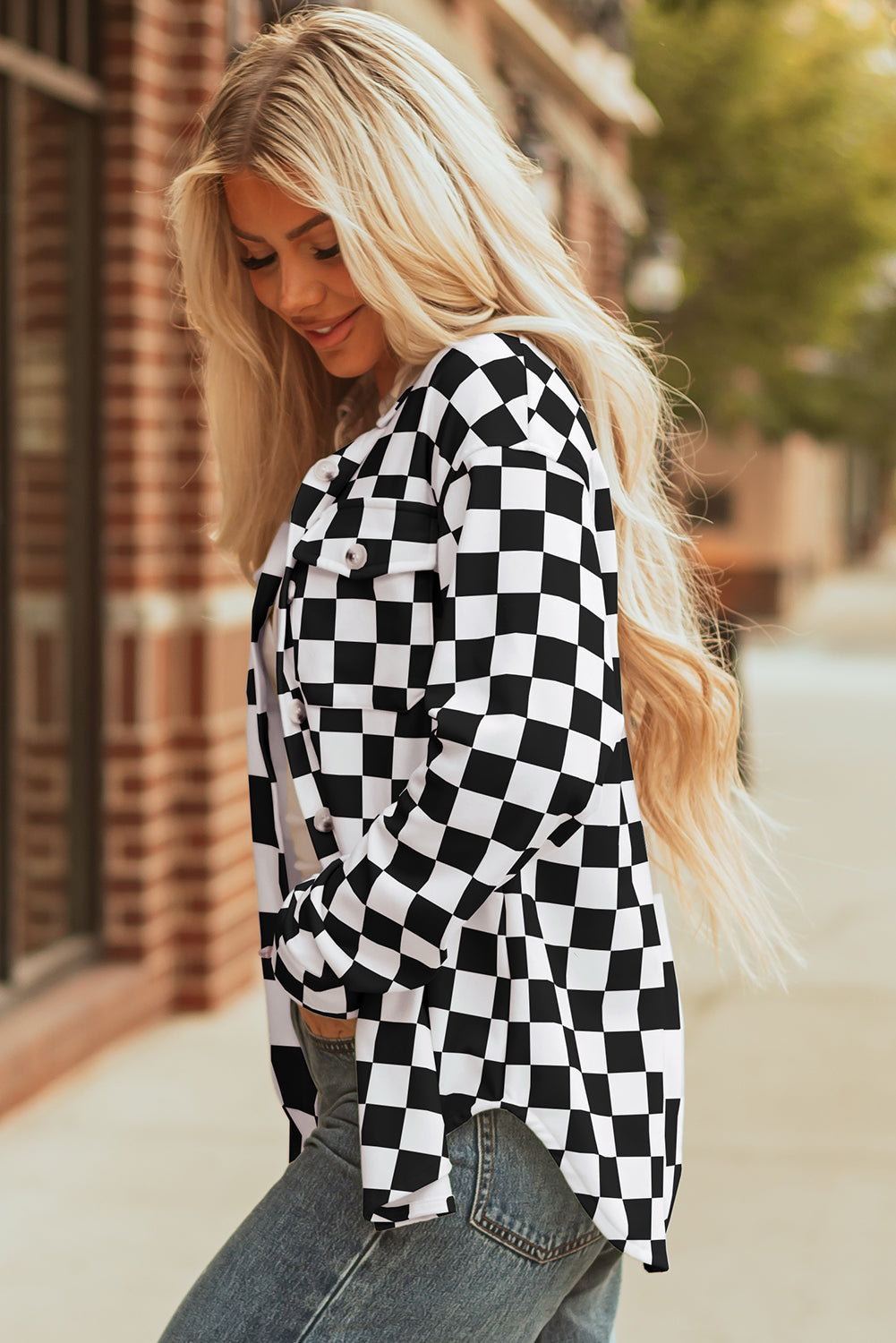 Black Checkerboard Flap Pocket Button Front Shacket Dear-Lover Dropshipping