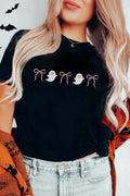 Women's black loose tee with embroidered ghost and bow