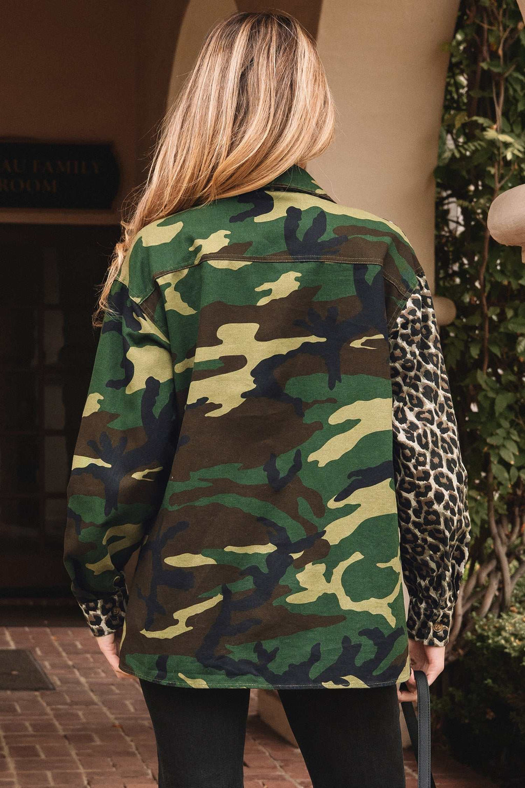Oversized shacket with Brown Leopard Camo patchwork design, featuring green camo and leopard print sleeves in a durable fabric.