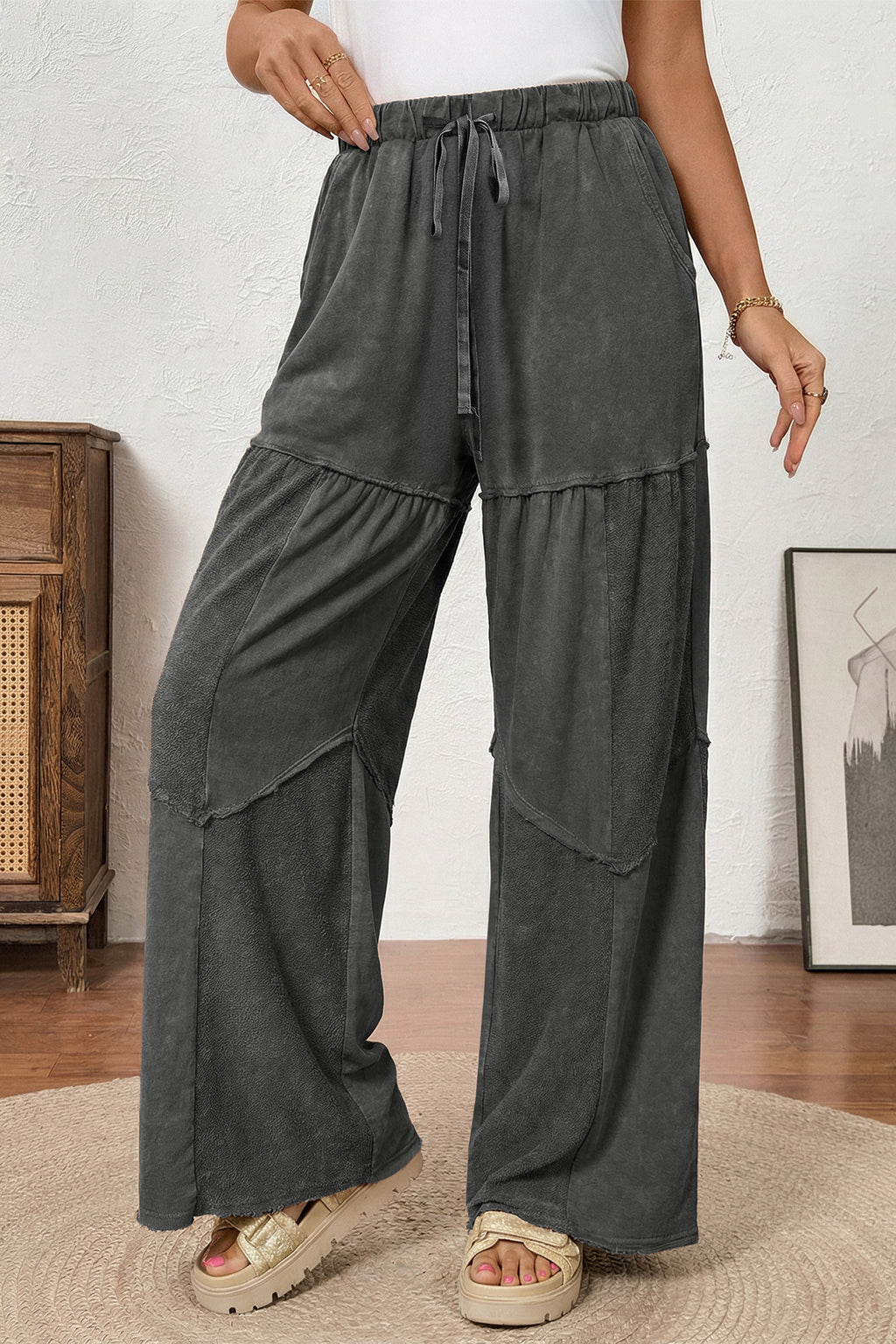 Black tiered wide leg pants, view 6
