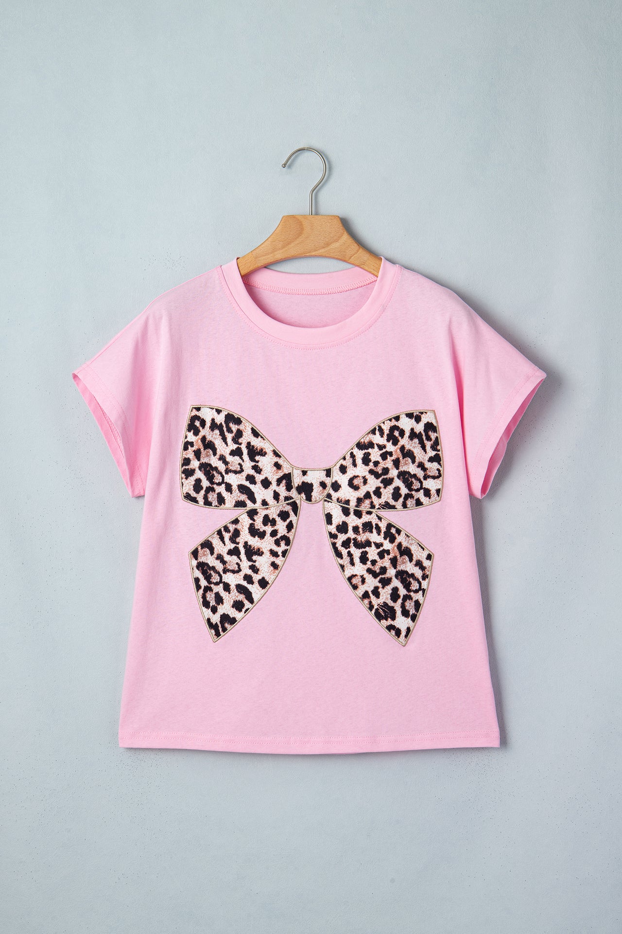 Pink Leopard Bow Embroidered Cotton Round Neck T Shirt