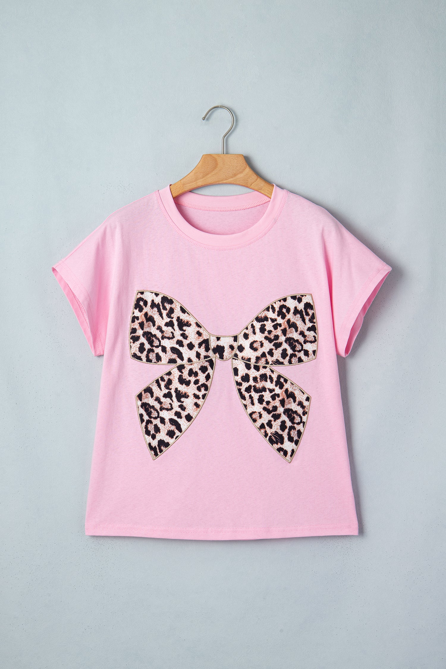 Pink Leopard Bow Embroidered Cotton Round Neck T Shirt