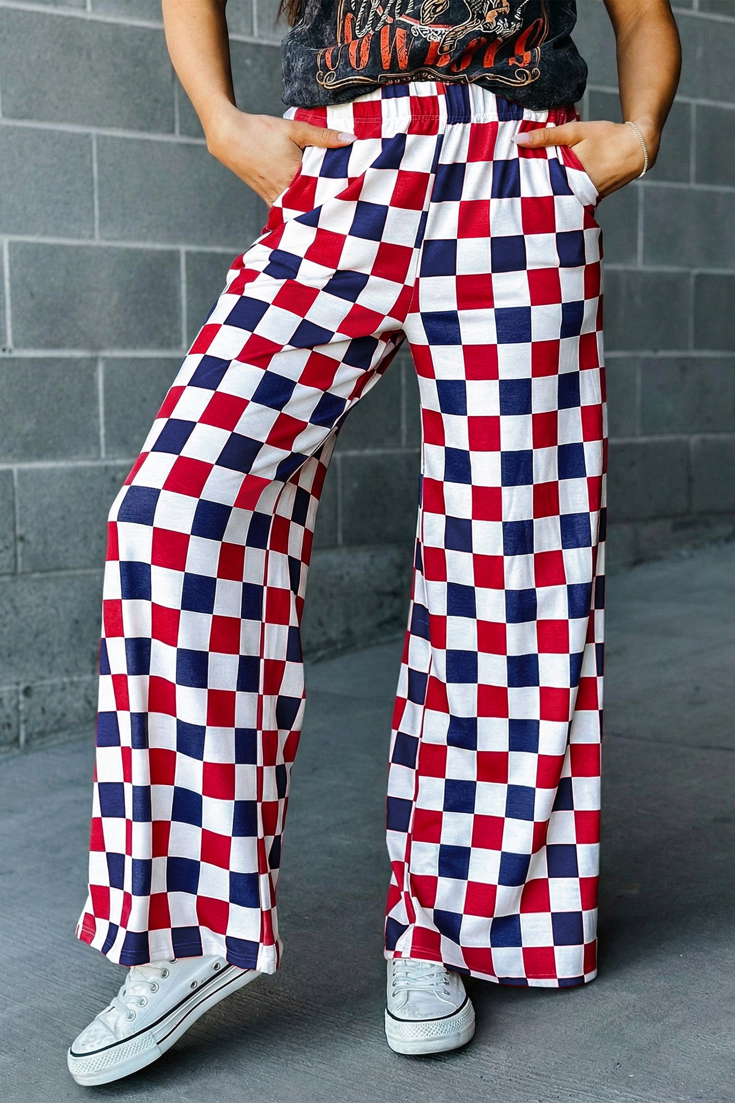 Bonbon 2-Tone Checked Print High Waist Wide Leg Pants