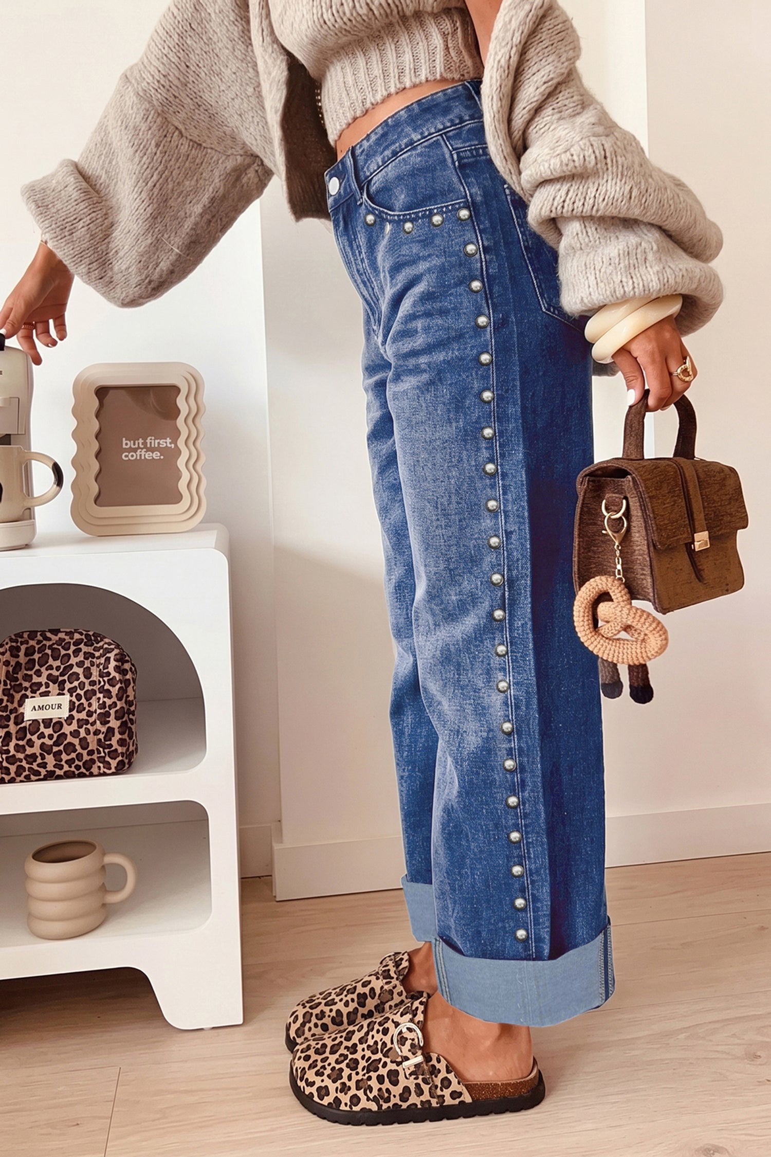 Black Studded Straight Leg Jeans | Casual Fit