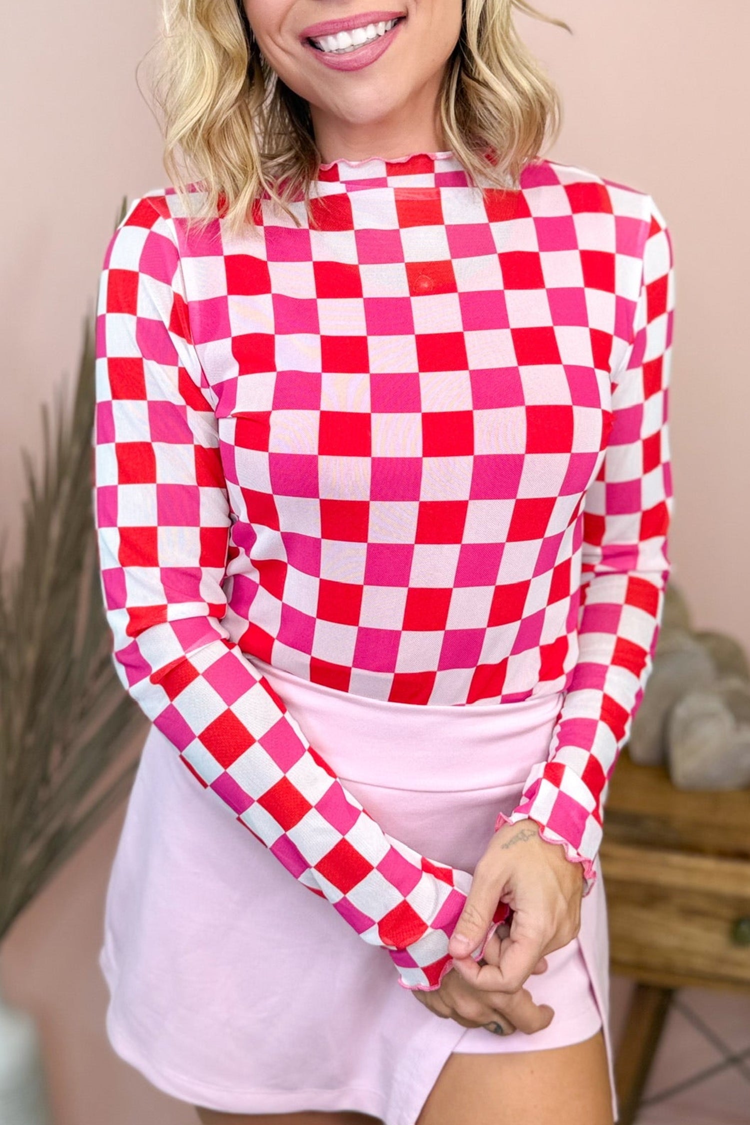 Rose plaid mesh sheer long sleeve top with heart detail and high neck