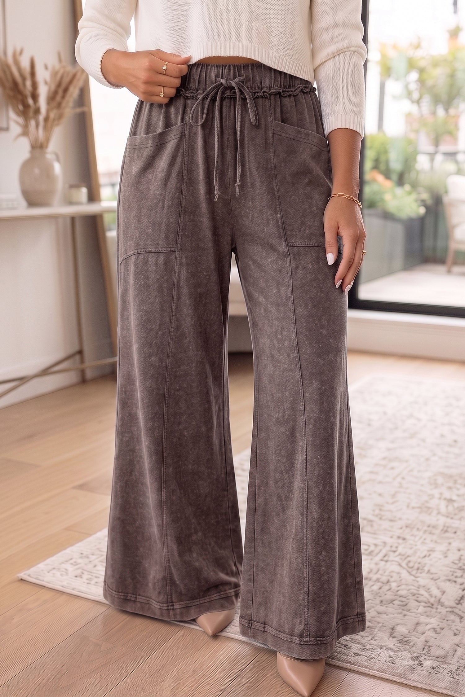 Coffee Mineral Wash Seam Detail Flare Leg Drawstring Pants Dear-Lover Dropshipping