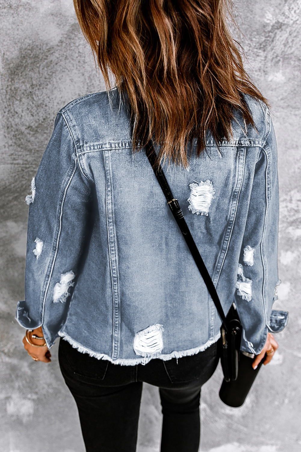 Sky blue distressed denim jacket, alternate view
