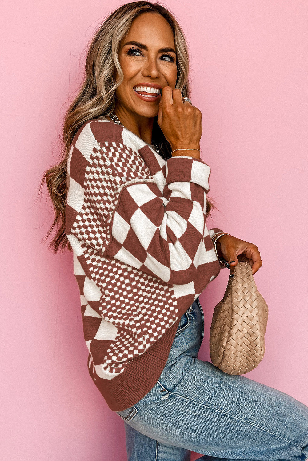 Khaki checkered sweater, view 8