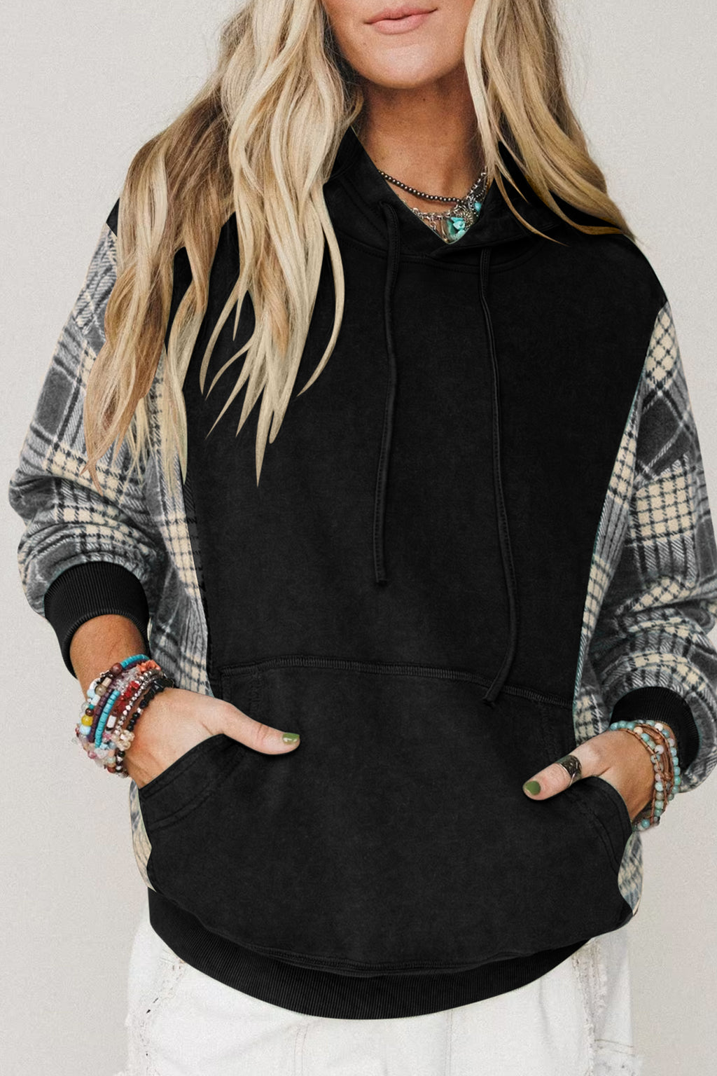 Moss Green Plaid Sleeve Drawstring Pocket Hooded Sweatshirt Dear-Lover Dropshipping