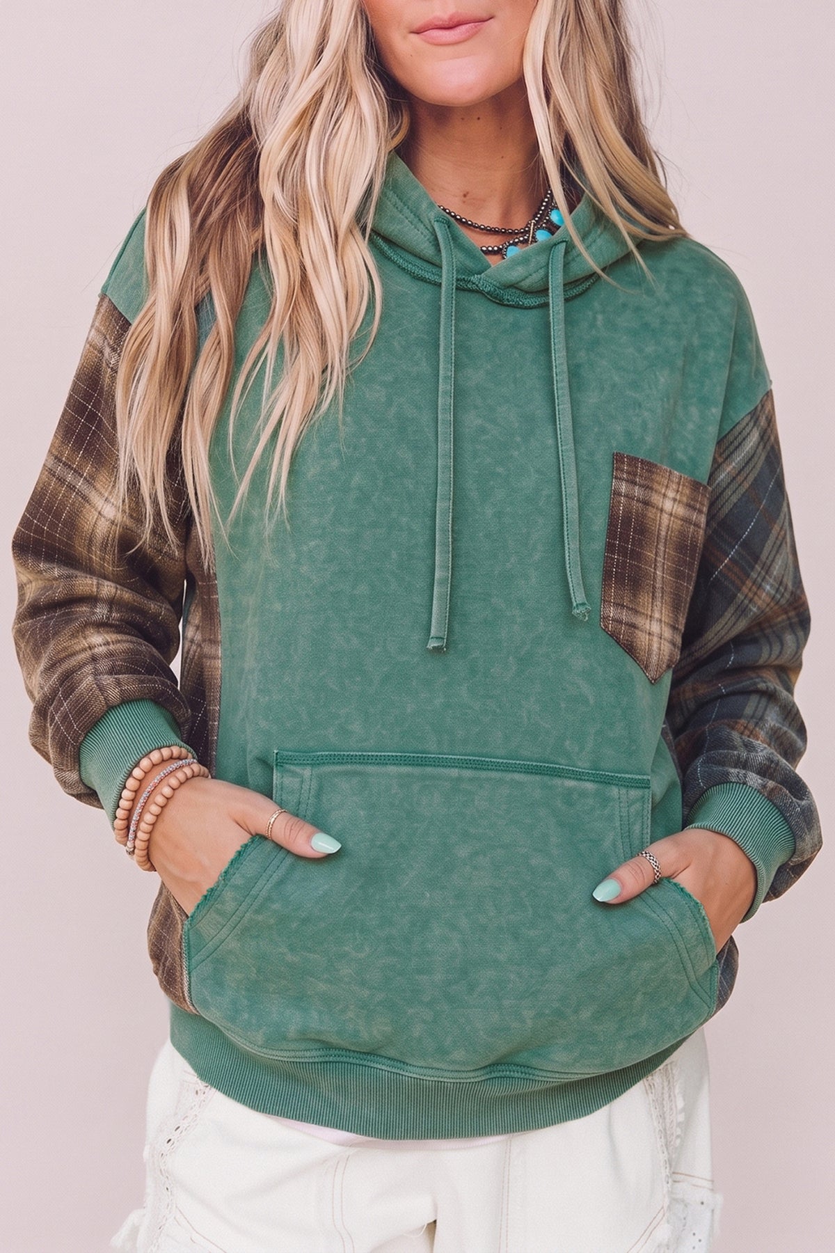 Smoke Green Plaid Colorblock Hoodie Dear-Lover Dropshipping