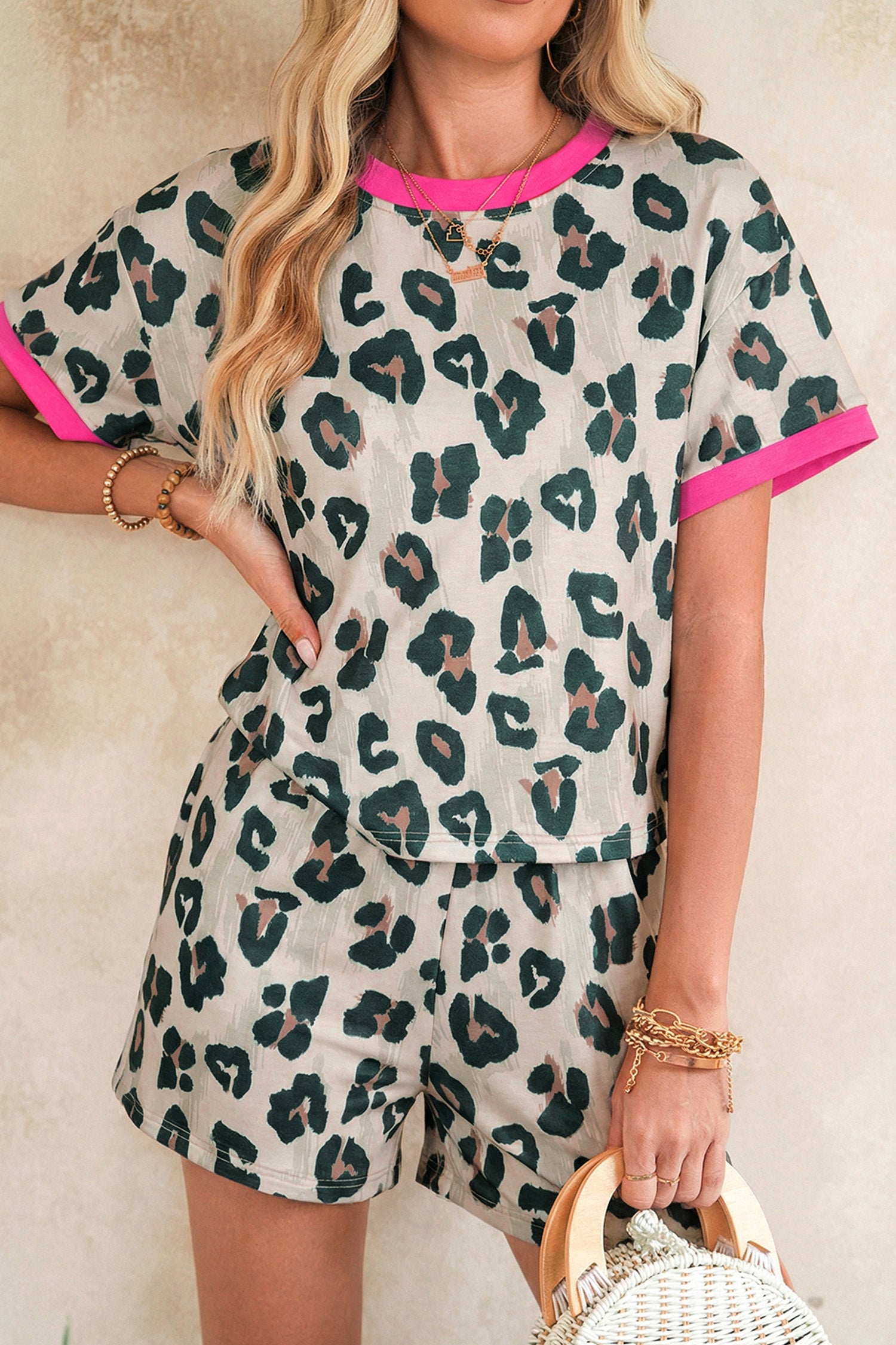 Brown Leopard Print Contrast Trim Top & Shorts Set