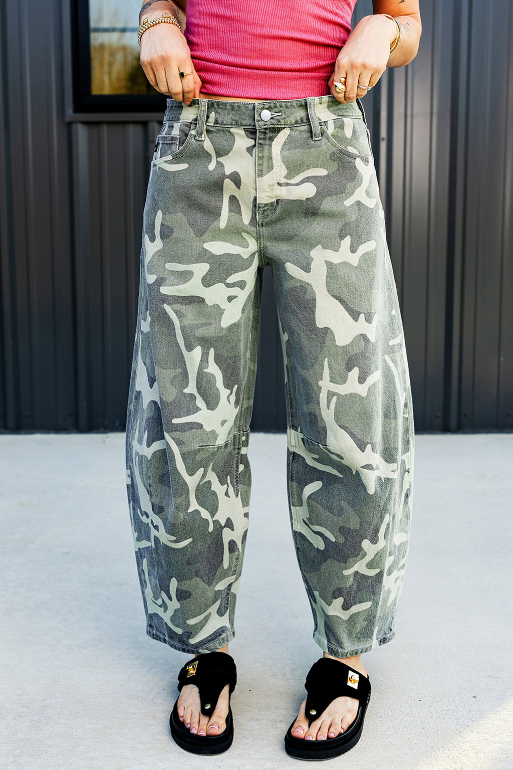 Green camo straight leg jeans, view 4