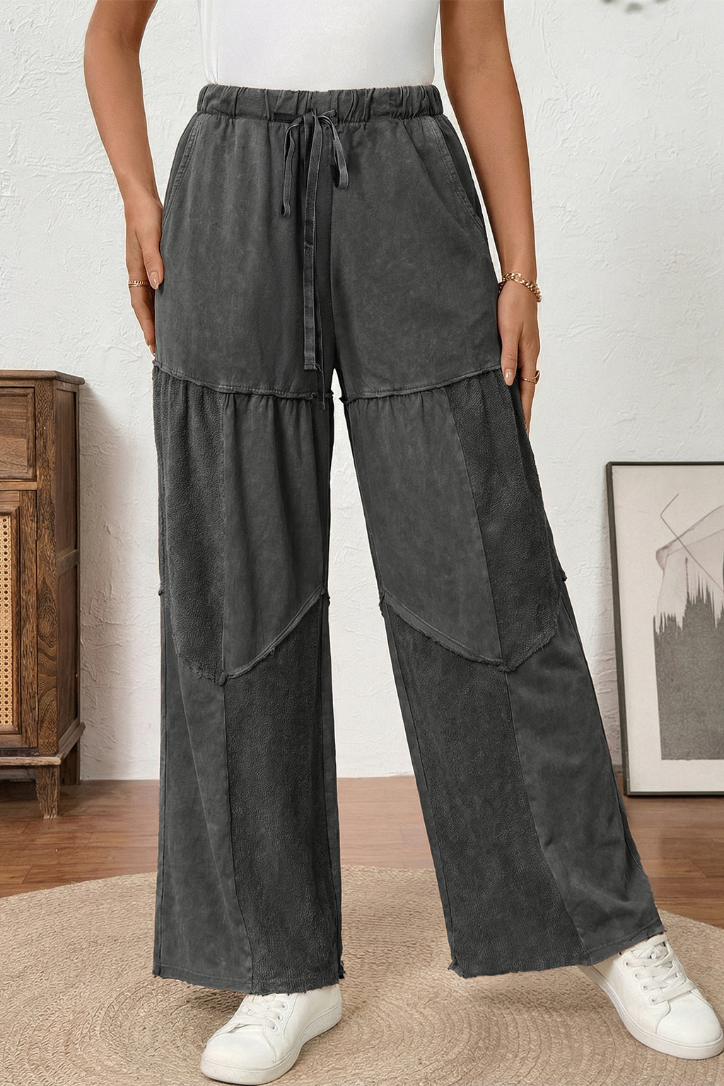 Black tiered wide leg pants, view 8