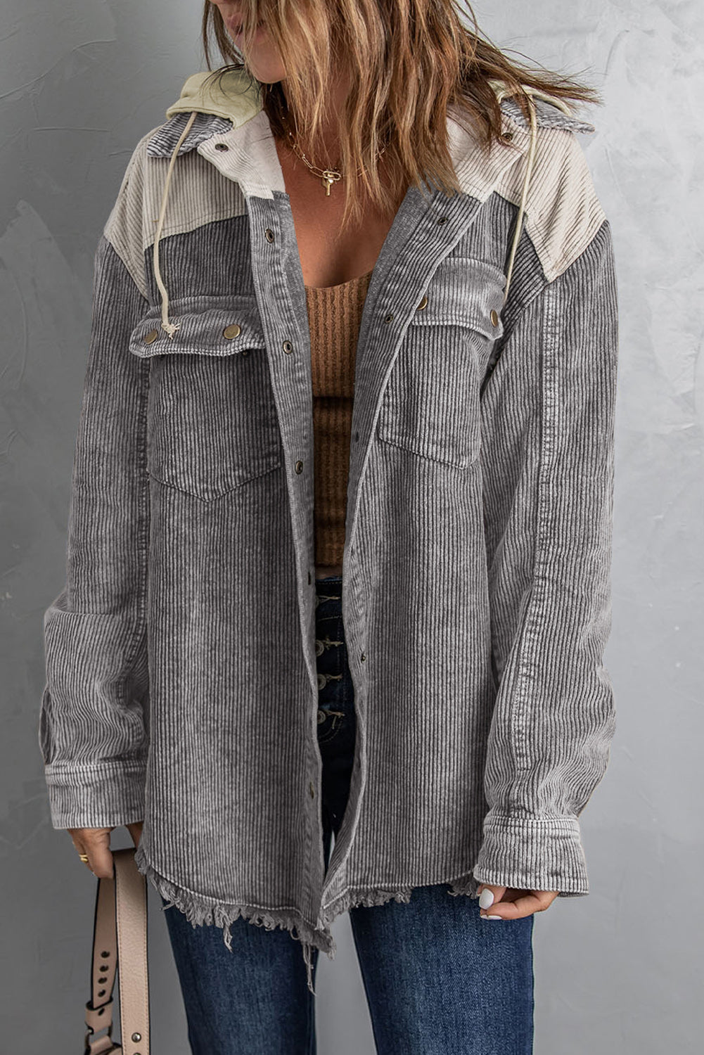 Gray Color Block Button Down Hooded Corduroy Jacket Dear-Lover Dropshipping