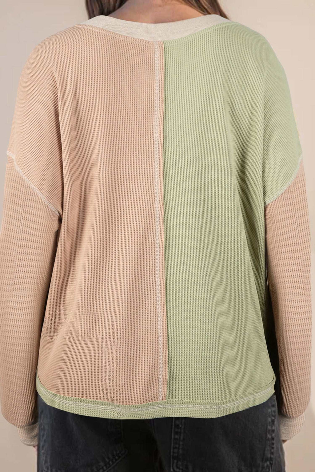 Green Plus Mixed Texture Color Block Patchwork V Neck Long Sleeve Top BD Boutique