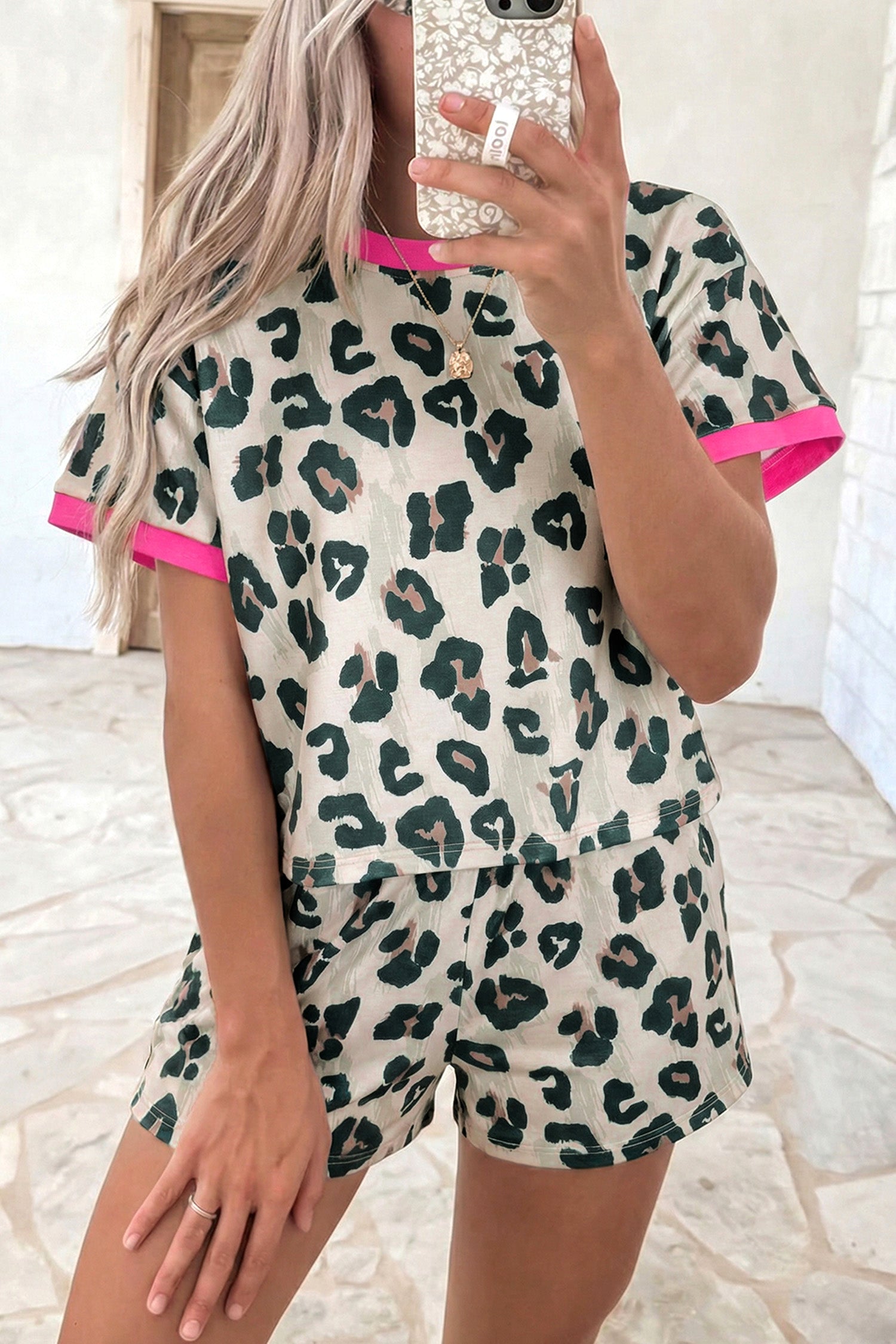 Brown Leopard Print Contrast Trim Top & Shorts Set